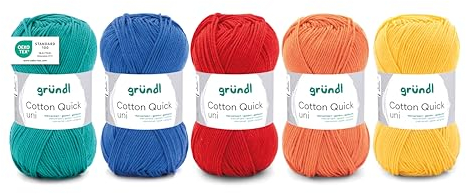 Gründl Wolle Cotton Quick uni - dünne Wolle zum Häkeln - Strickgarn - Häkelgarn - Glänzend und hautfreundlich - 100% Baumwolle - 5 Knäuel 50 g / 125 m - Nadelstärke 3-4 - Bunt-Mix