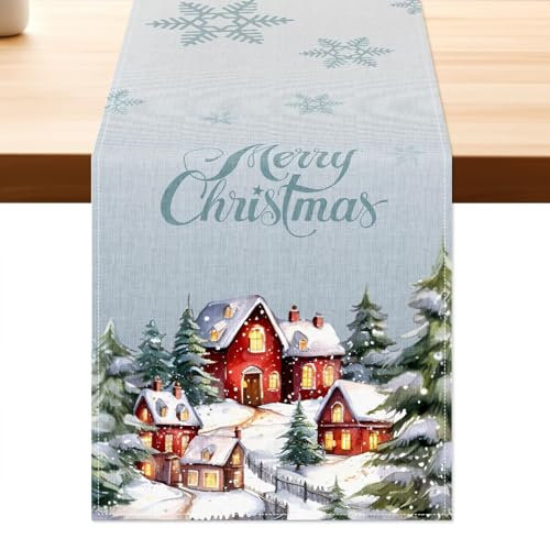 Aitsit Weihnachten Tischläufer Weihnachtsdeko Winter Wasserabweisend Tischläufer Modern Weihnachtstischläufer Für Drinnen Und Draußen Party Küche Esstisch Dekoration 40×180cm (Weihnachtshütte-B)