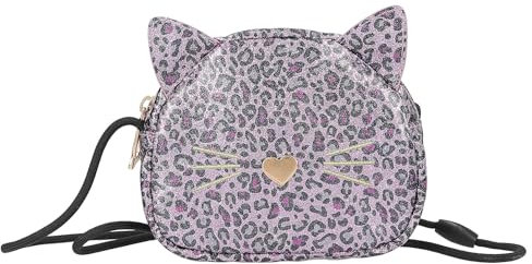 Depesche 13021 TOPModel Rebel Kitty - Kleine Umhängetasche in Lila, mit Leo Muster, Glitzer und Katzenohren, Tasche mit verstellbarem Schultergurt