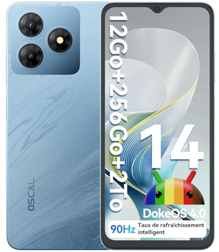 OSCAL Flat 2 Smartphone Android 14 Gemini AI, 12GB RAM+256GB ROM/2TB-TF Telefono Cellulare, Octa Core, 6.56 HD+ 90Hz, 5000mAh, 13MP+8MP, 4G Dual SIM Smartphone Offerta Face ID/OTG/GPS Blu