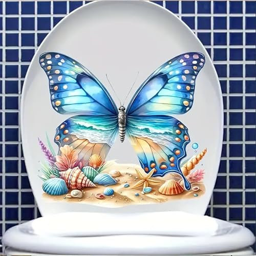 Blue Butterfly Beach Toilet Cover Sticker Decals,Spring Flower Leaf Butterfly Waterproof Toilet Lid Tank Seat Decals Cistern Self-Adhesive Bathroom Wall Sticker
