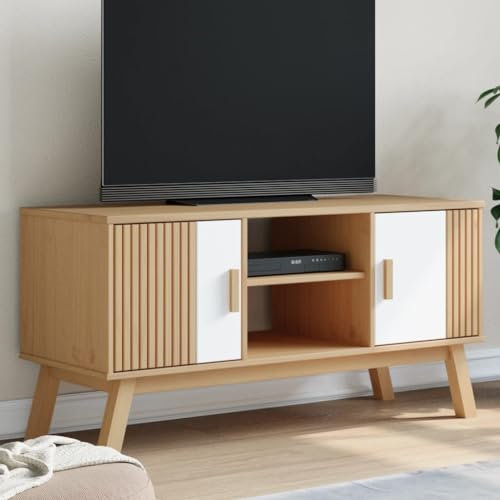NQJIBUE Meuble TV en pin massif blanc et marron 114 x 43 x 57 cm