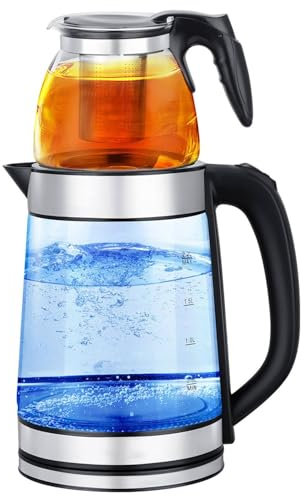 WJWWO 2-Layer Electric Teapot Glass Kettle, 1.8L+0.2L Turkish Glass Teapot With 360 Degree Rotating Base, Suitable For Russian And Turkish Teas