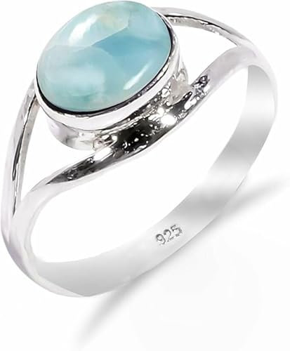 HIMALYA QUARTZ Silber Ringe Damen Mit Stein Natürlicher Edelstein Larimar Ringe for Herren Boho Statement Schmuck RB-01-LRMR-10.5
