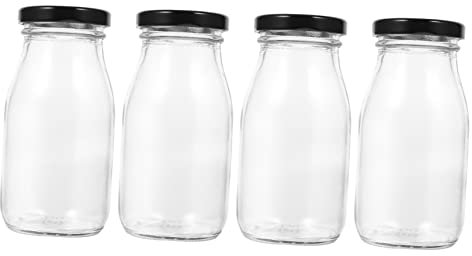 HOLIDYOYO Lot De 4 Bouteilles De Lait En Verre Transparent 200 Ml Avec Couvercles Métalliques, Récipients Hermétiques Pour Boissons, Pour Stockage De Lait, Jus Et Usage Quotidien