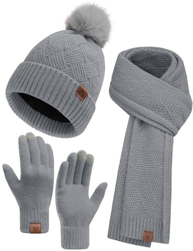 Voqeen Conjunto Gorro Bufanda Guantes Mujer Invierno Térmico Larga Bufanda de Punto Cálido Gorro Forro Polar Guantes Tactiles Moda Set Regalo