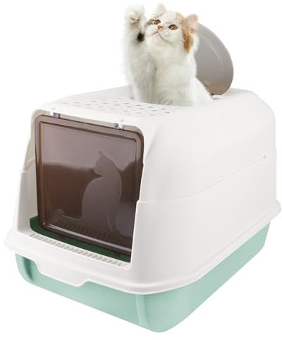 OHMG Caja de arena para gatos, con tapa y accesorios, incluye pala y alfombrilla, caja de arena para gatos, tamaño XXL, bandeja extensible (azul cielo, 36 x 51 x 34 cm)