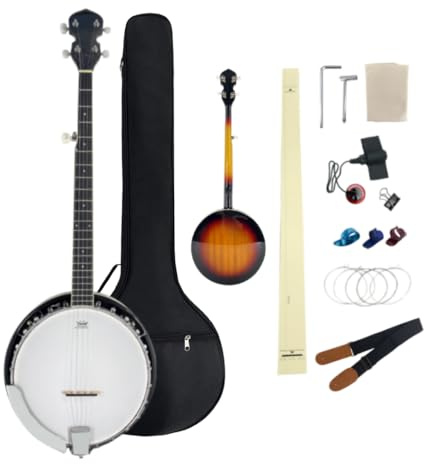WUQIMUSC Banjo mit 5 Saiten, 96,5 cm, Full-Size Anfänger-Banjo-Set mit Remo-Kopf und geschlossener Rückseite, 24 Halterungen, inklusive Gigbag, Gurt, Fingerplektren, extra Saiten