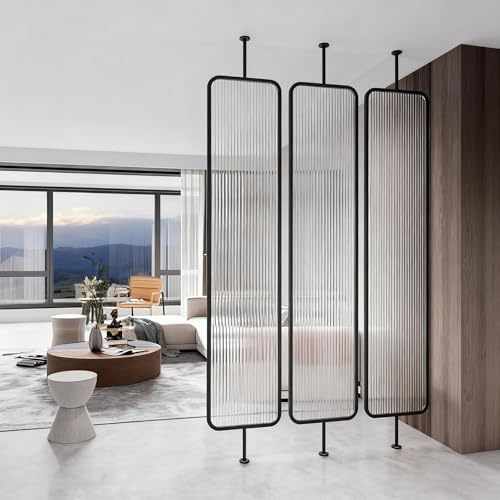 Jidanmian Moderner Raumteiler, Raumteiler aus gehärtetem Glas, Sichtschutz mit Goldrahmen, dekorativer, geriffelter, freistehender Raumteiler aus Metall für Zuhause und Büro, 1 Platte(115cm/3.8ft)
