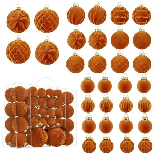 46er Weihnachtskugeln Weihnachtsdeko Set, Weihnachtskugeln Samt Baumschmuck Weihnachten, Klassische Christbaumkugeln Deko Weihnachten, Feiertags- und Partydekoration mit Schnur zum Aufhängen,Orange