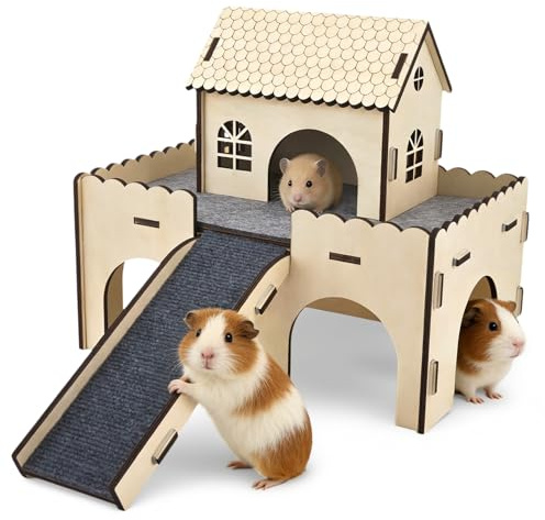 GroßEs 3-in-1 Meerschweinchen Haus aus Holz, XXL 2-Etagen Kleintier-Versteck mit Dach, Treppe und Matten, meerschweinchen zubehoer, Abnehmbare Verstecke für Hamster, Kaninchen & Chinchillas