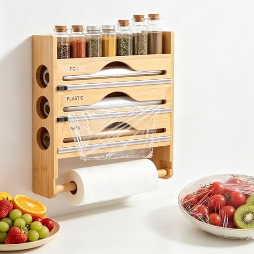 Porta Rotoli Alluminio e Pellicola con Taglierina – Dispenser 5 in 1 in Bambù da Parete per Cucina, Organizzatore Carta Forno e Rotoli da 30cm, Salvaspazio con Porta Spezie