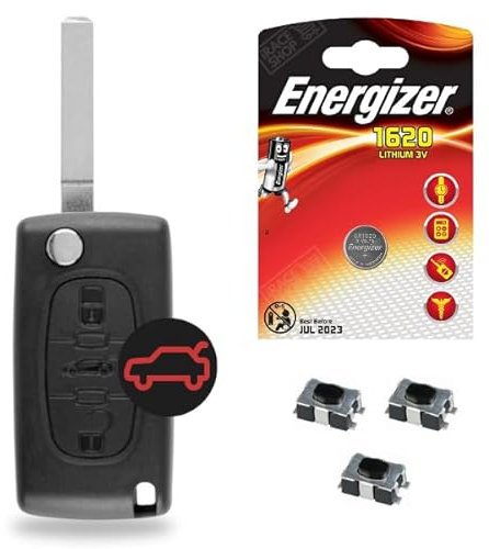 Boitier/Coque de Clé Plip Télécommande Compatible Peugeot 207 • 307 • 407 • 308 • 607 • Partner • Expert • Bipper + 3 Switch + 1 Pile CR1620 Energizer - Kit iRace Keys®