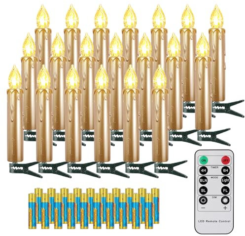 FREEPOWER 20er Gold LED Christbaumkerzen Kabellos mit Fernbedienung Timer Flackern Warmweiß Dimmbar, Innen Outdoor Wasserdicht, Weihnachtskerzen Weihnachtsbaum Beleuchtung(mit 20 Batterien)