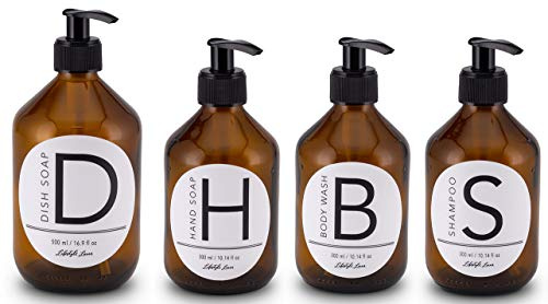 Lifestyle Lover 4er Pack Seifenspender aus Braunglas, Bernsteinfarben für Seife, Spüli, Shampoo, Dish Wash 500ml, Hand Soap, Body Wash, Shampoo 300ml