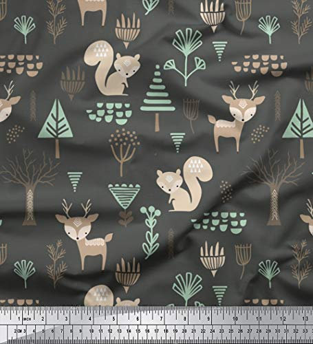 Soimoi Grau Baumwoll-Voile Stoff Rentier & Eichhurnchen Clip Art Stoff Drucke Meter 42 Zoll breit