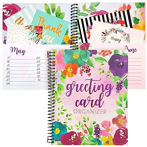 Floral Month by Month Greeting Card Organiser Book with 24 Pockets, Card and File Keeper Dividers for Birthdays, Weddings, Milestones, Graduation Parties, Holiday Reminders (21 x 25 cm)
