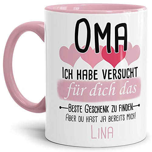Tassendruck Geschenk Tasse mit Spruch PERSONALISIERT - Bestes Geschenk für Oma von Enkelkind - Kaffee-Tasse/Geschenkidee Geburtstag Muttertag/Muttertagsgeschenk - Innen & Henkel Rosa