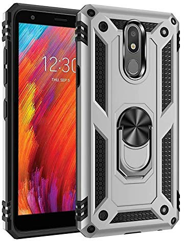 nh Custodia LG K10 2018/X415, Cover 360° Girevole Ring Armor Bumper TPU Case Magnetica Supporto Smartphone Silicone Custodie con Pellicola Protettiva per LG K10 2018/X415,Argento
