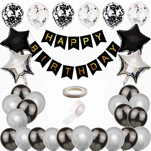 Kiwochy Schwarz Silber Geburtstag Deko Geburtstag Dekoration Set Männer Deko Geburtstag Schwarz Silber Girlande Geburtstagsdeko Happy Birthday Banner für 18. 21. 30. Geburtstag Luftballon Party Deko