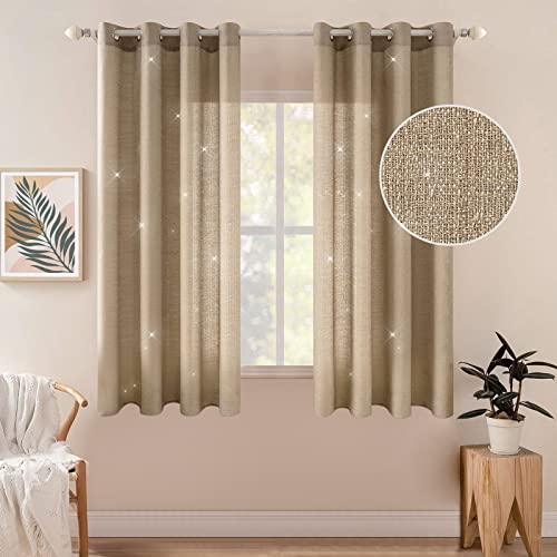 MIULEE Vorhang Gardine 2er Set Voile Vorhänge Sheer Leinenvorhang Dekovorhang Schal Ösen transparent Farbverlauf Ösenschal für Wohnzimmer Schlafzimmer Kinderzimmer 140x175 cm (B x H) Goldbraun