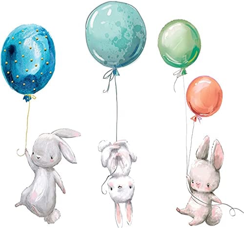 WandSticker4U®- [Aquafarben] Wandtattoo Kinderzimmer TIERE & LUFTBALLON (67x56 cm) I Wandsticker Babyzimmer Waldtiere 3 süße Hasen Luftballons I Wandaufkleber Kinderzimmer Deko Mädchen Junge