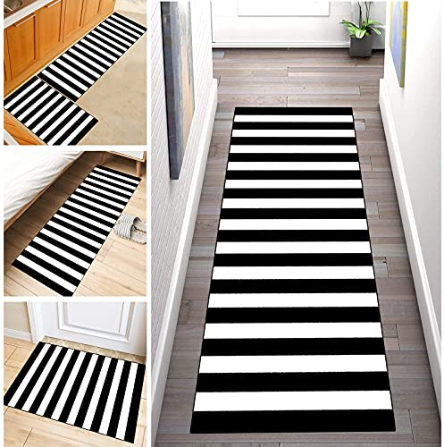ZDYHMrj Teppich Läufer schwarz weiß gestreift rutschfest Küchenläufer Korridor Teppichläufer, Modern Geometrisch Waschbar Läufer für Wohnzimmer Schlafzimmer, Breite 60cm/ 70cm/ 80cm/ 90cm/ 100cm