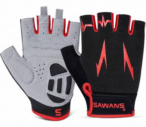 SAWANS Cycling Gloves Half Finger Mountain Road Bike Cycle Gloves Anti Slip Shock Absorbing Padded Breathable MTB Bicycle Biking Gloves Sports Men Women (Red, S)