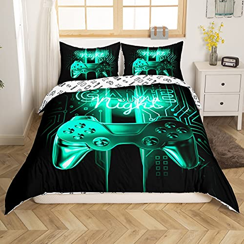 Loussiesd Spieler Bettwäsche Grün Gaming Videospiel Bettwäsche Set 155x220cm für Kinder Jungen Schlafzimmer Jugendliche Neuheit Modern Game Controller Bettbezug Set Schwarz Grün, Ultra weich