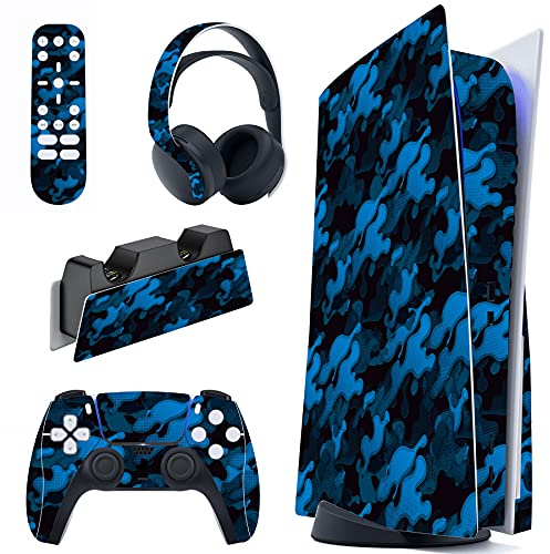 PlayVital Skin für ps5 Konsole Standard Disc Edition,Decal Sticker Aufkleber Vinyl-Skin Schutzfolie Folie für ps5 Konsole,Controller,Ladestation,Headset,Medienfernbedienung-(Schwarz-Blau-Camouflage)