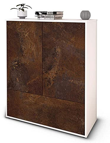 Stil.Zeit Highboard Grazia, Korpus Weiss matt, Front Industrie-Design Rost (92x108x35cm), Push-to-Open Technik & Leichtlaufschienen