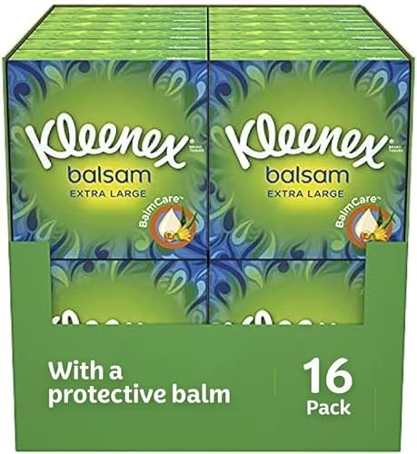 Kleenex® Balsam Extra Large Tissues in 16 Compact Boxes - Protect and Soothe Your Nose When You've Got a Cold - BalmCare with Aloe Vera, Vitamin E and Calendula, 640 Tissues (16 Boxes)