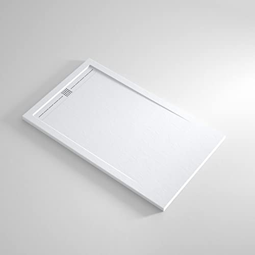 Plato Ducha RESINA EstiloBaño® DINAMIC - ENMARCADO - Textura PIZARRA - Todas Las Medidas Disponibles -【 70x90, BLANCO 】- Con Válvula desagüe + Rejilla