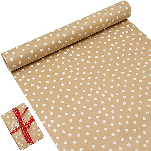 OTMVicor Rouleau de papier d’emballage cadeaux de Noël - Papier cadeaux - Papier kraft recyclable - 43 cm x 15 m - Motif pois blancs