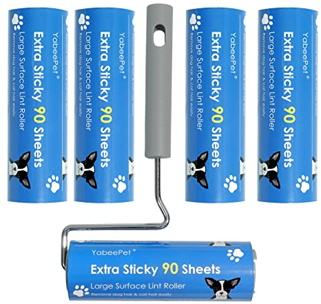 Rouleau Adhésif Grande Surface 16 cm, Ramasse-Poils Rouleau Extra Collant pour Chien, Chat, Vêtements et Meubles, 90 Feuilles (1 Rouleau + 4 Recharges)