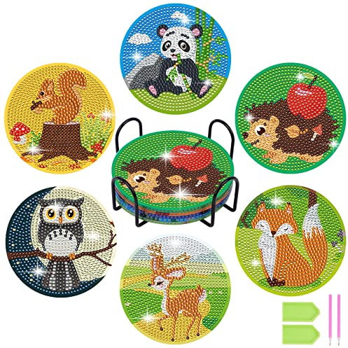 AUAUY 6 Pack Diamant-Maluntersetzer mit Ständer, Diamond Painting Untersetzer DIY Tier Diamant Malset DIY Diamant Kunsthandwerkszubehör für Anfänger, Erwachsene und Kinder Geburtstag