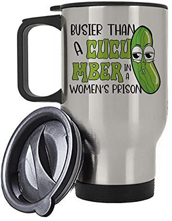 Getagift Busier Than a Cucumber in a Women's Prison, Funny Rude Joke, Adult Humour Gift, Birthday, Christmas Silver/White Insulated 14oz Travel Tea/Coffee Mug. (Silver)