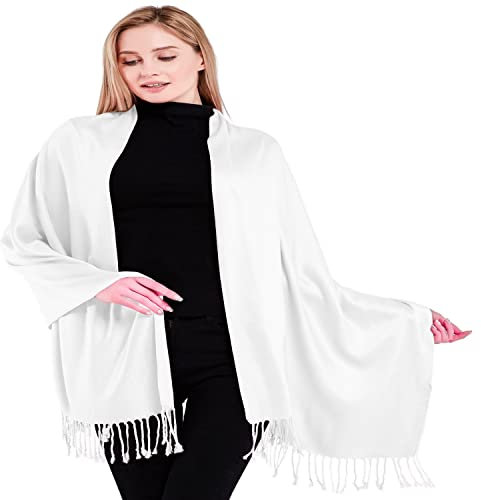 CJ Apparel Handgefertigter nepalesischer Damen-Schal mit Quasten, Pashmina, Weiß glänzend, Einheitsgröße