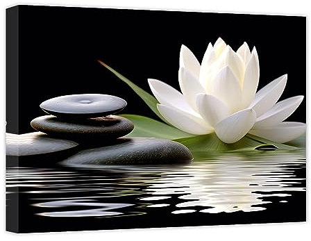 CCWACPP Zen Leinwanddrucke weiße Lotusblüte im Wasser Wandbild Blumen Stein Spa Gemälde für Yoga Meditationsraum Badezimmer Wanddekoration 40x60 cm