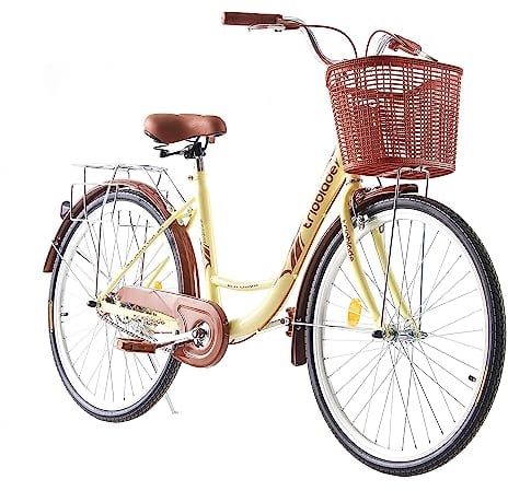 BSTSEL 24 Inch Wheels Vintage bike Fabric Bike City Classic Bicycle, Retro Bicycle With 1 Speed Gears, Sprung Saddle, Rack And Front Basket Formal Road Bike For Woman (24 inch White)