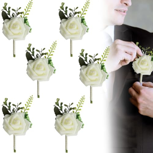 KITERI 6 Pcs Rose Wedding Boutonniere, White Rose Boutonniere | Handmade Corsage Buttonhole Flowers, Artificial Wedding Flower, Buttonhole Corsage, for Groom Men Bridal Women Suit Dress