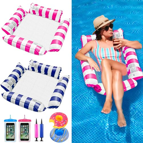 FALUCKYY 2 Pack Pool Float Water Hammock, 4-in-1 Inflatable Pool Floats Hammock,Multi-Purpose Pool Floats with Cup Holders for Summer Swimming Pool Beach