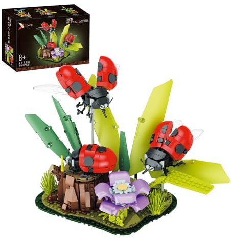 VannMold 66108 Insekten Marienkäfer Klemmbausteine Set für Kinder, Miniaturgarten mit Blumen und Baubaren Strukturen, Ausstellungsmodelle Käfer Bauset und Natur Dekor