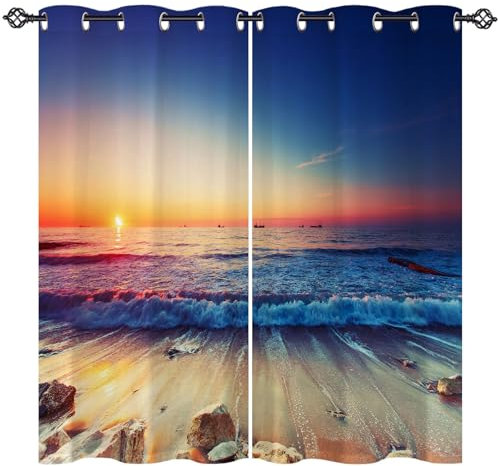 ANHOPE Sonnenaufgang Ozean Strand Vorhänge mit Ösen Blickdichte Gardinen Blackout Curtain Thermo Vorhang Weich Schlafzimmer Wohnzimmer Verdunklungsvorhänge 2er Set H 175 x B 140 cm
