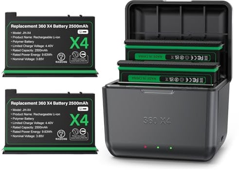 Adicop Battery compatible with Insta 360x4, 2PCS 2500mAh Batteries+ Fast Charger Accessories compatible with Insta 360x4 Camera