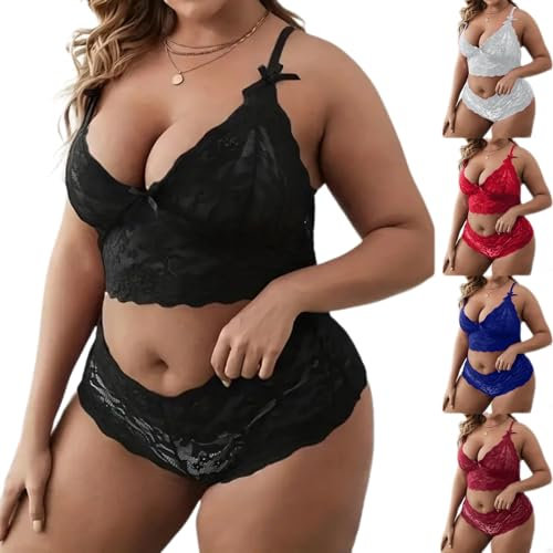Ensemble Lingerie Femme Sexy Grande Taille Soutien-Gorge Dentelle V Profond et Ensemble de Culotte Taille Haute Ensemble Bralette à Bretelles Croisées