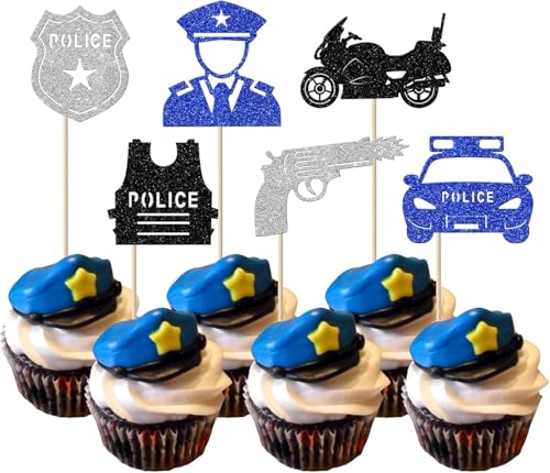 24 Stück Polizei Tortendeko Glitzer Polizist Cupcake Toppers Polizeiwagen Polizei Emblem Kuchen Deko für Polizei Thema Kinder Geburtstag Party Torten Dekoration Schwarz Silber Blau