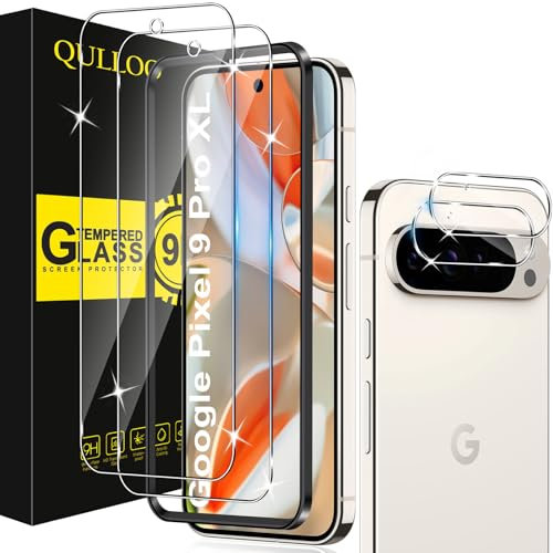 QULLOO Protector de Pantalla para Google Pixel 9 Pro XL 5G, 2 Piezas Cristal Templado y 2 Piezas Protector de Lente de Cámara, Dureza 9H Ultra Resistente Vidrio Templado
