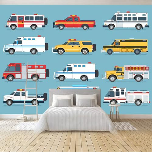 Fototapete Cartoon-Feuerwehrauto Und Bus -Wanddeko, Wandtapete - Hochwertige Hohe Auflösung 200 x 140 cm Vlies Tapete Wohnzimmer Schlafzimmer