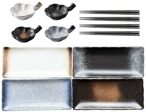 FYUEROPA 12 Pcs Sushi Plates with Sauce dish and Chopsticks, Ceramic Rectangular Platters Serving Trays Set, Sushi Dishes, Japanese Sushi Plates